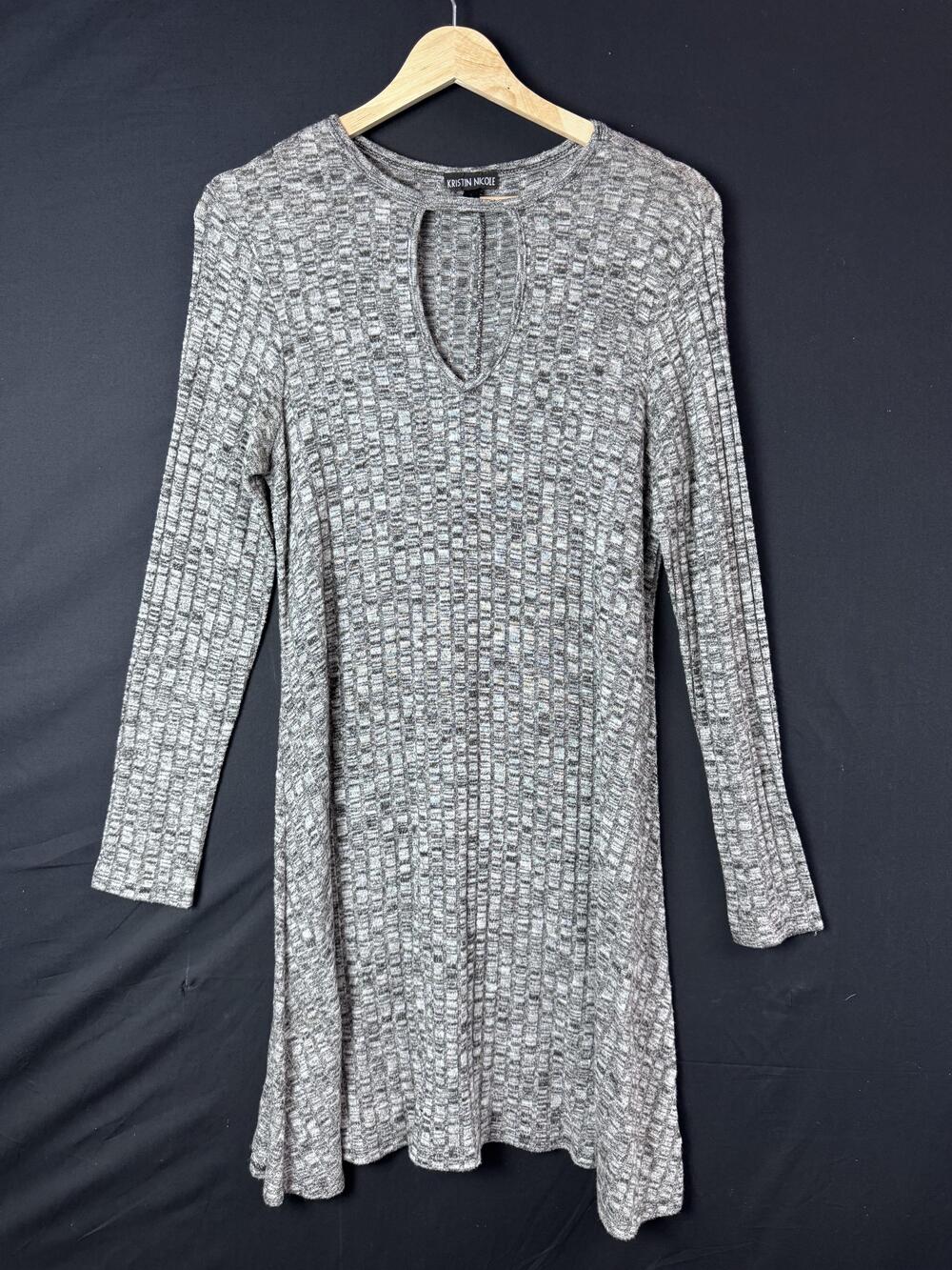 Kristin Nicole Sweater Dress Womens Small Gray Knit Keyhole Swing Long Sleeve